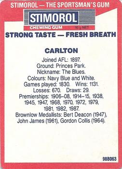 1990 AFL Scanlens Stimorol #85 Carlton Blues Back
